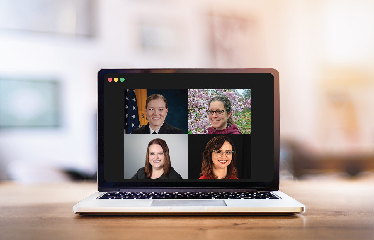 an open laptop with 4 headshots of the speakers on the screen