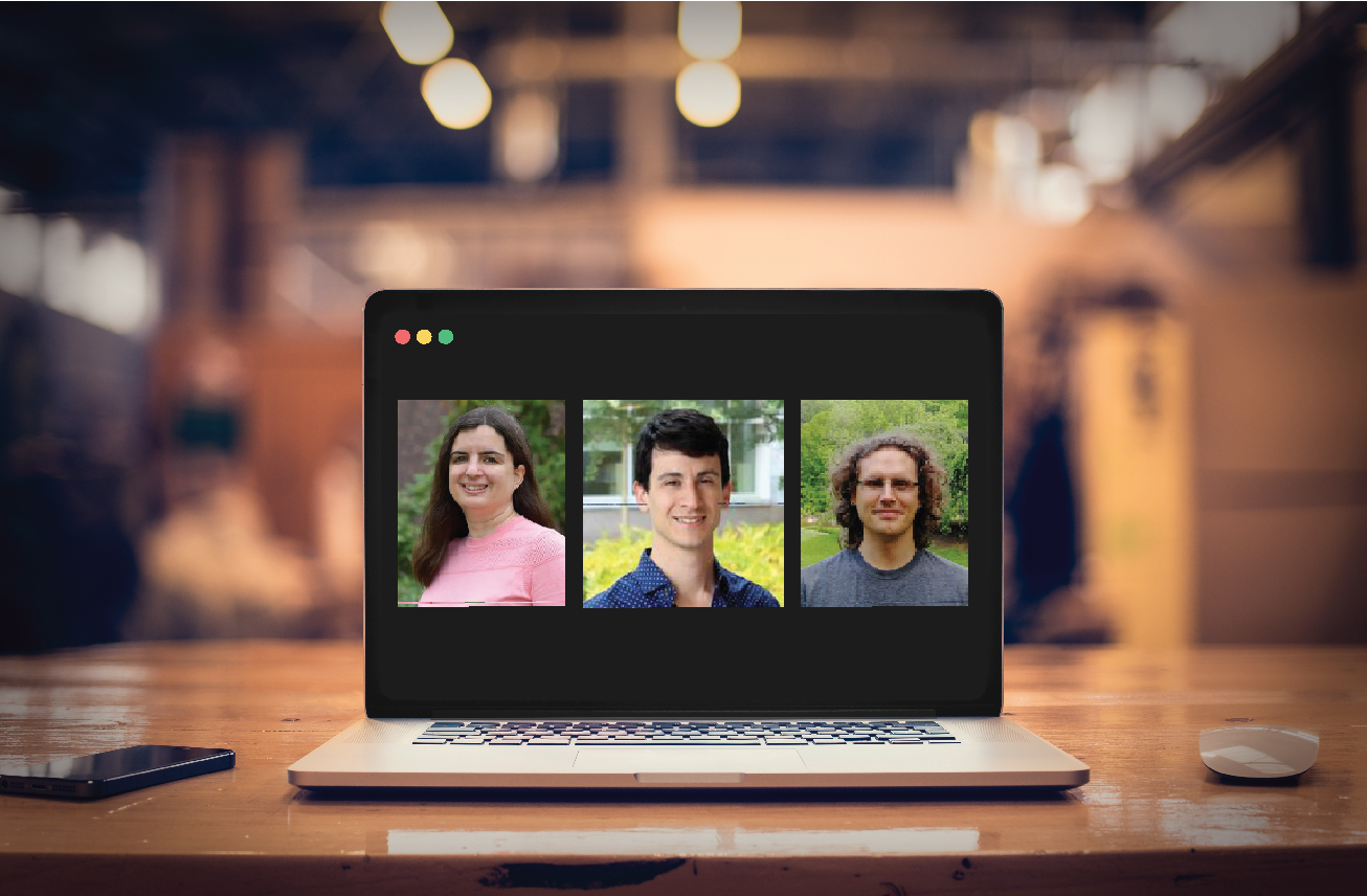 a laptop sitting on a desk with three headshots on the screen