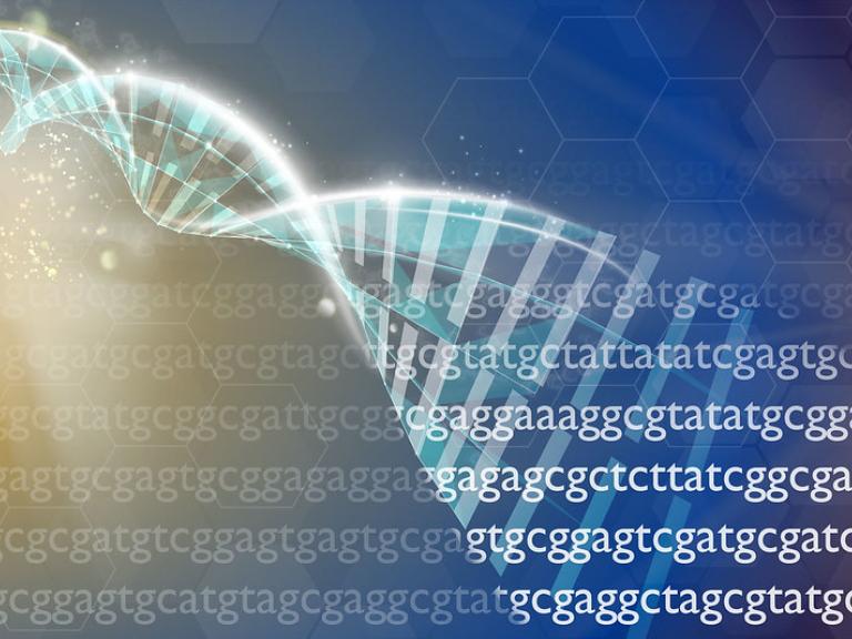 Genomic data shown with a double helix.