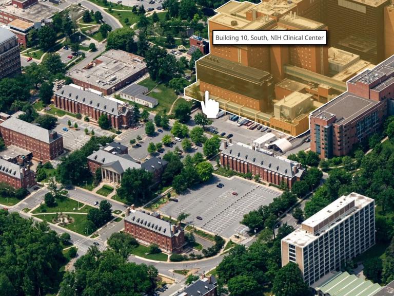 the NIH campus seen from above with a cursor hovering over a building that is highlighted and the name of the building appears