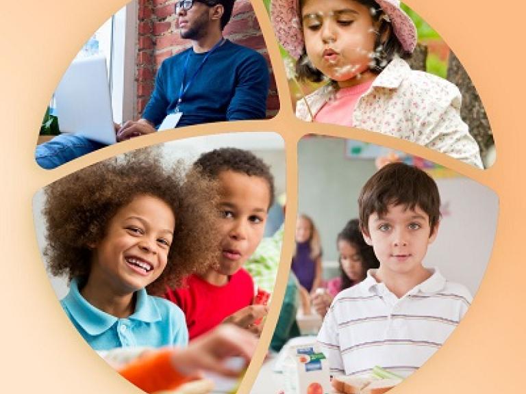 Four images arranged in a circular cutout. Clockwise from upper left: Pensive conference participant on window sill, Young Students Enjoying Lunchtime, Young child & her World of Dandelions, Young boy with healthy lunch at school.