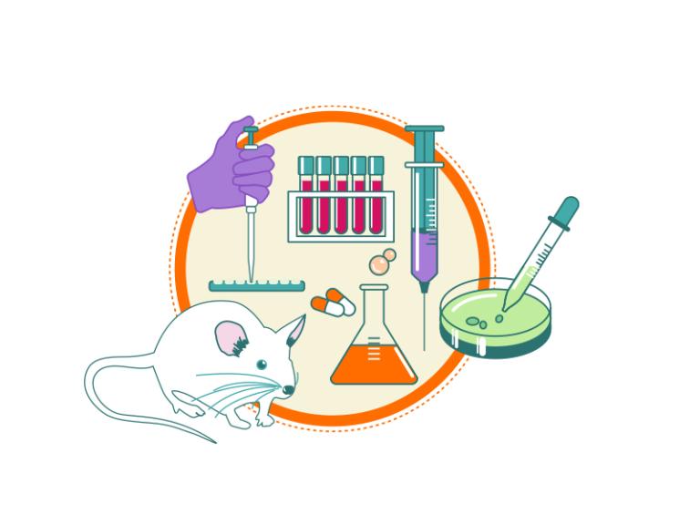 icons of a mouse, chemistry and lab equipment, a syringe, and pills