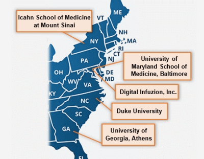 Map showing locations of Collaborative Influenza Vaccine Innovation Centers (CIVICs) in New York, Maryland, North Carolina, and Georgia