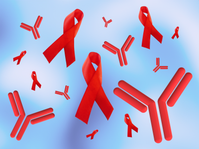 Red HIV ribbons and red antibody molecules on a blue and white background.