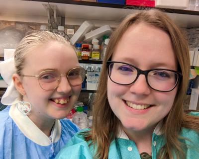 Kelly Hanner and Heather Kudyba in a laboratory.