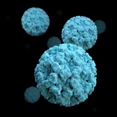 One blue spherical viral particle in the foreground with several smaller blue spherical viral particles behind it, set against a black background.