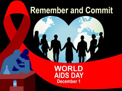 Silhouettes of people holding hands and a person looking into a microscope, with a looped red ribbon in the background. The phrases “Remember and Commit” and “World AIDS Day - December 1” appear at the top and bottom of the image, respectively.