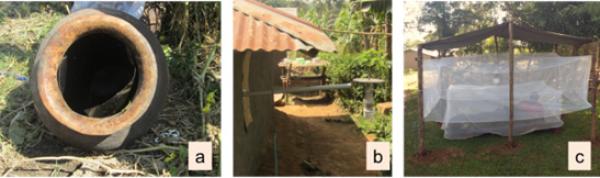 Three images showing alternative malaria vector trapping tools developed and evaluated by the ICEMR project.