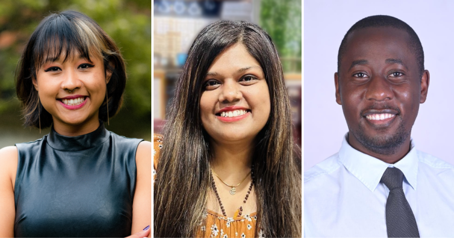 side-by-side headshots of Sandra Mon, M.S.P.H., Mamta Singh, and Kenneth Ssebambulidde