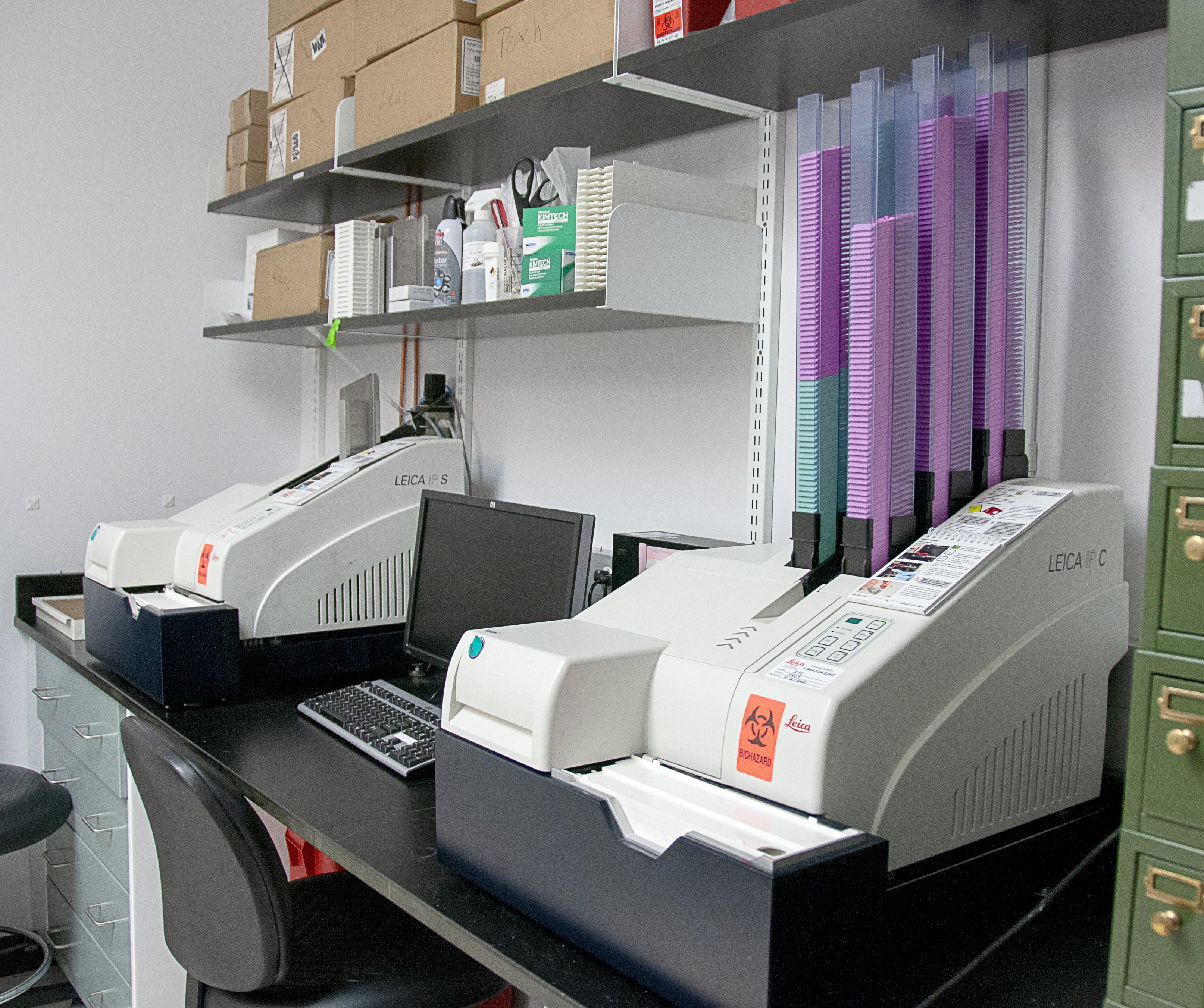 Leica Biosystems IP-C/IP-S chemical-resistant inkjet printers for cassettes and slides.