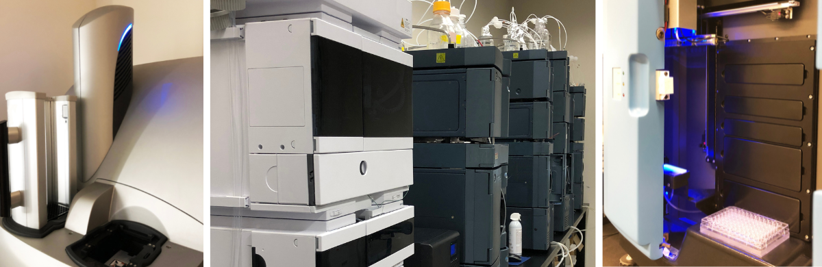 Left: High throughput chemiluminescence platform. Center: Ultra Performance Liquid Chromatography systems. Right: Automated Western Blot system. 