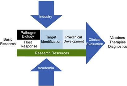 Graphic depicting the inputs and stages of NIAID's biodefense research from basic research to the development of new diagnostics, drugs, and vaccines.