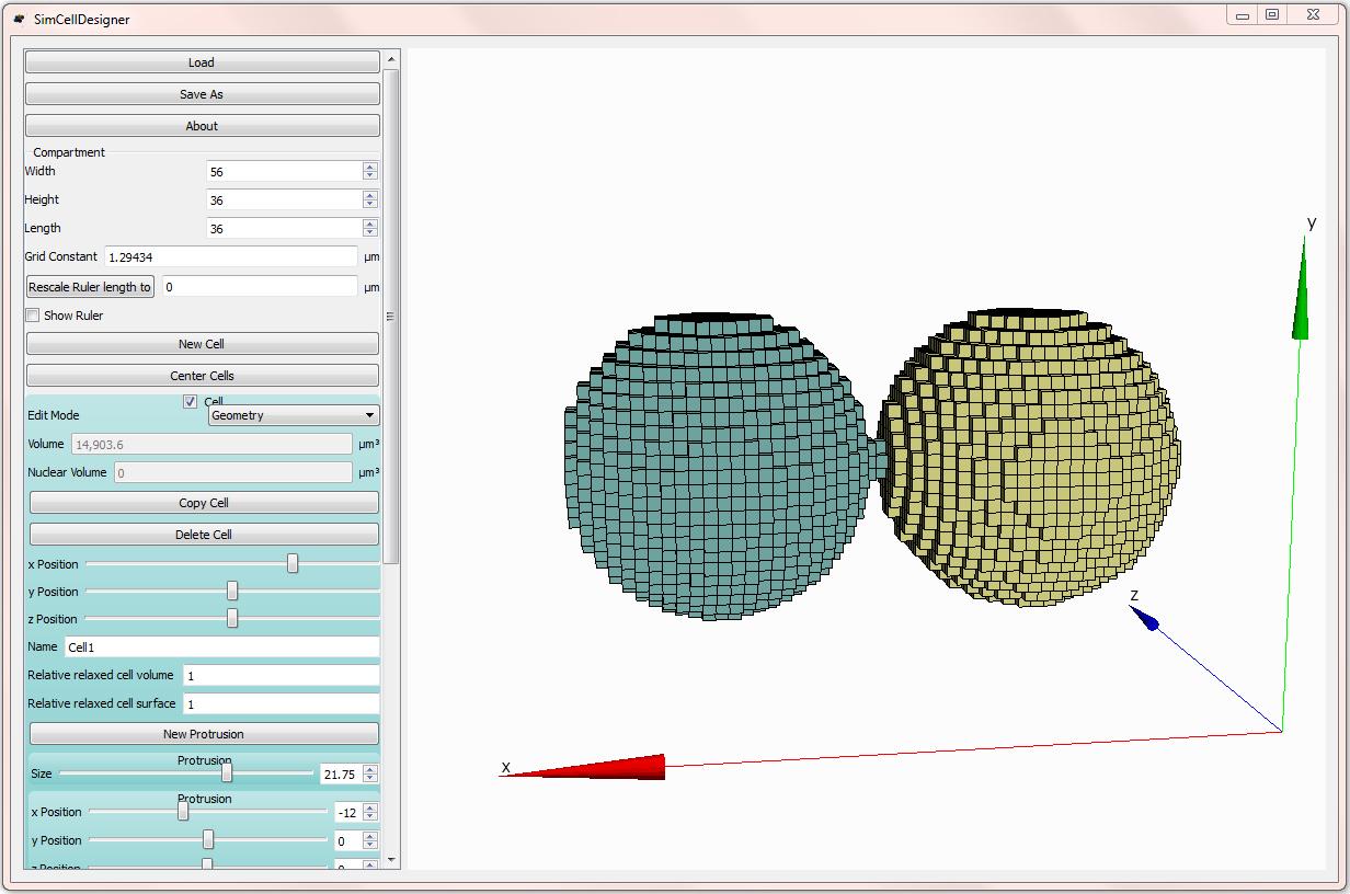 The graphical interface for defining cellular morphologies. Cells can be built in a modular way using combinations of “protrusions” that can be nested to specify intracellular organelles, embedded into cells of (in principle) any coherent shape.