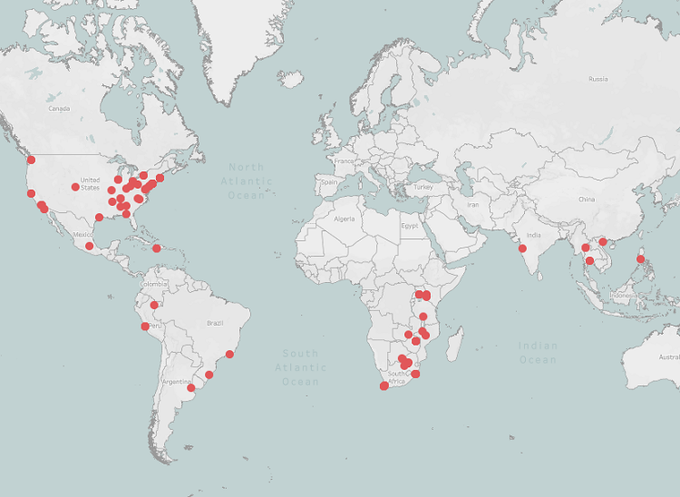 World map showing locations of the HIV/AIDS clinical research sites