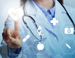 a doctor pointing to science based icons on a screen