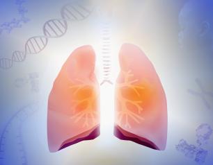 Softly colored lungs backlit by bright light. DNA, other molecules, and an infant’s face fade into background around the lungs.