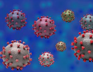 Differently colored virus particles on a speckled blue background.