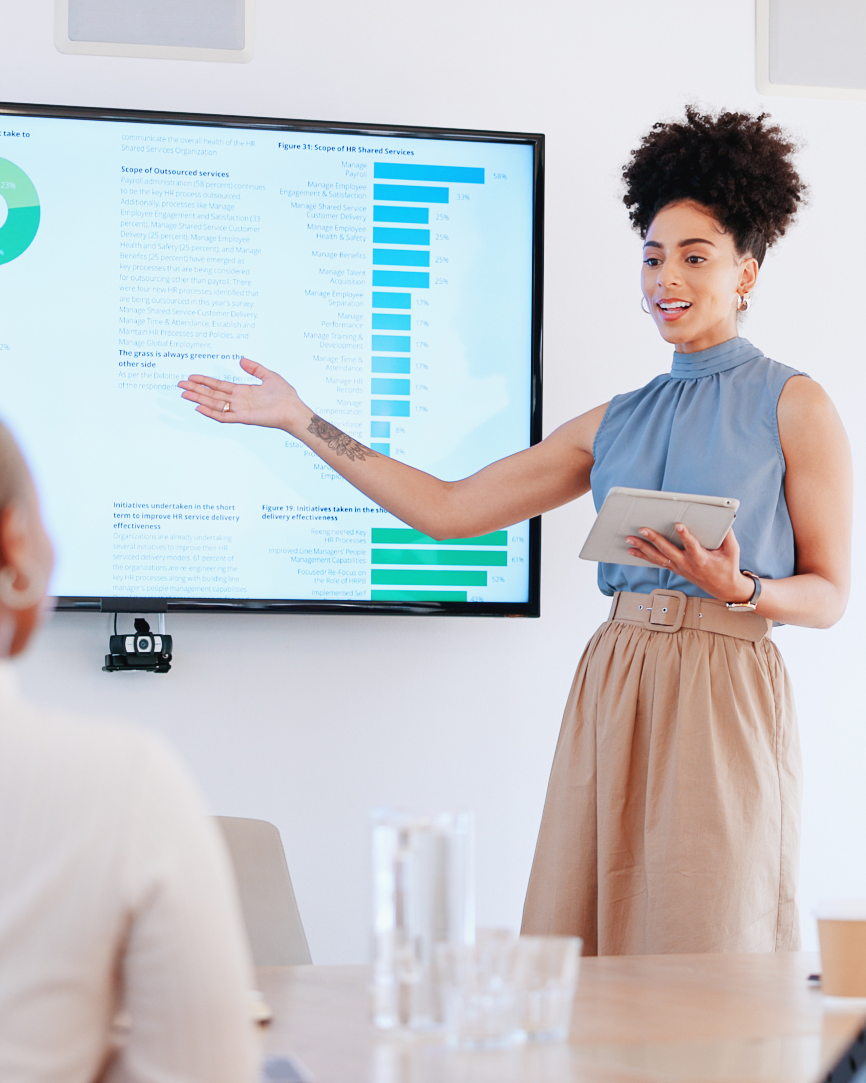 a person presenting in front of a screen with a chart on it